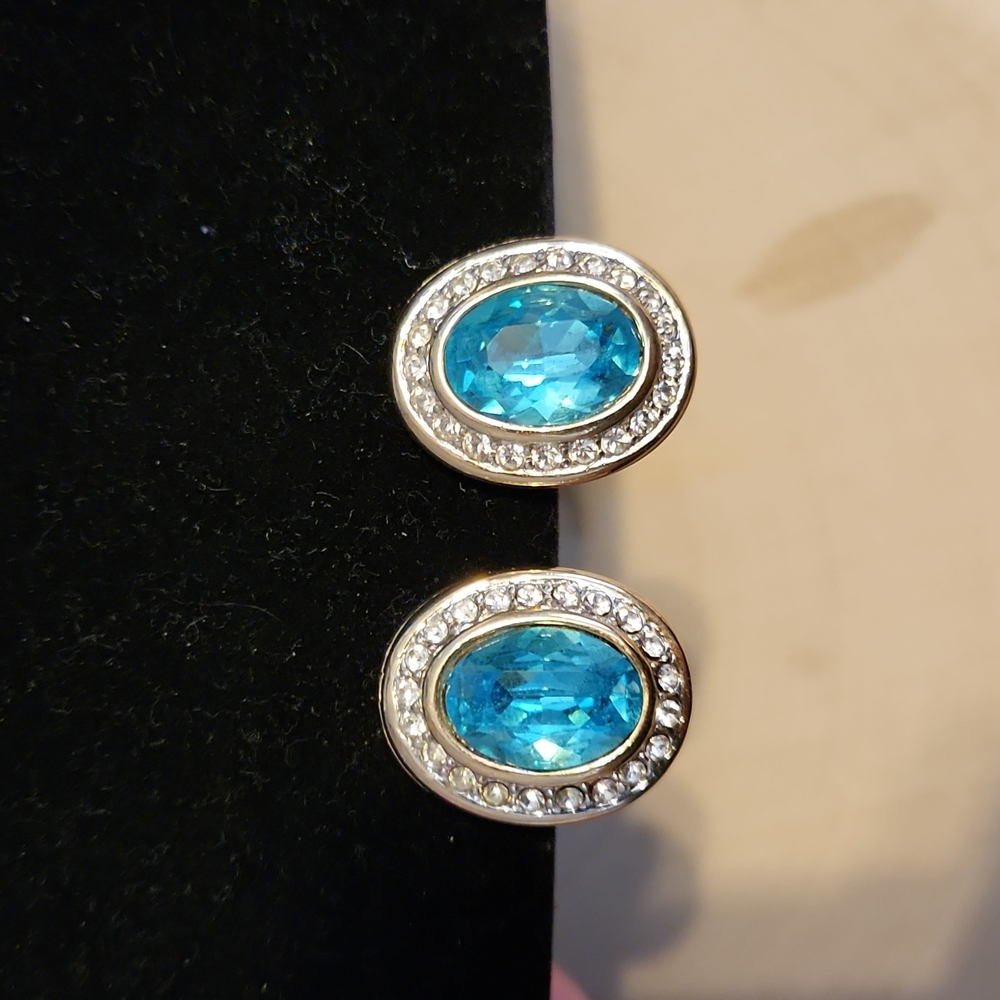 Vintage Piscitelli Screw Back Earrings Blue Rhinestone